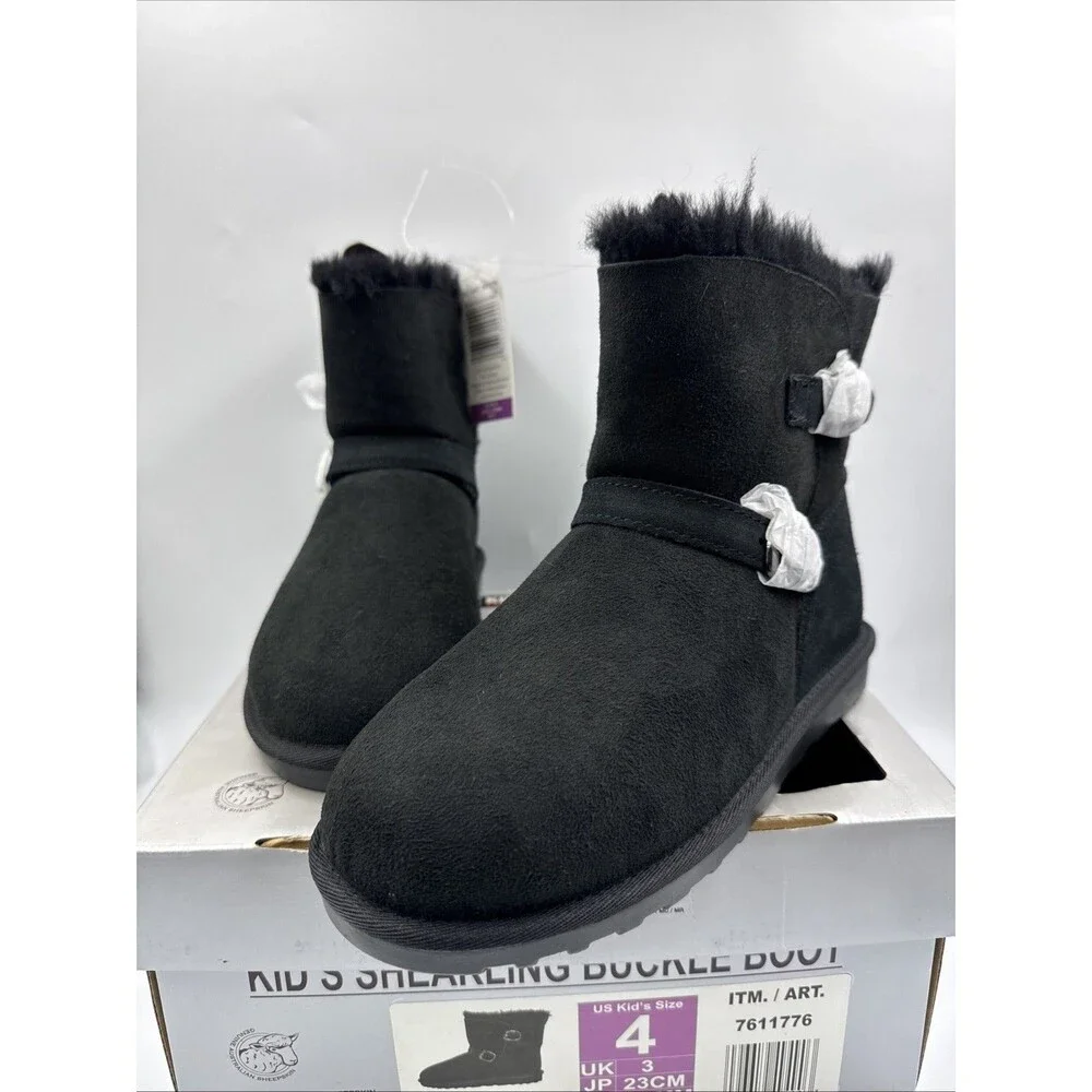 NEW Kirkland Signature Kids' Shearling Buckle Boots - Size 4 Black